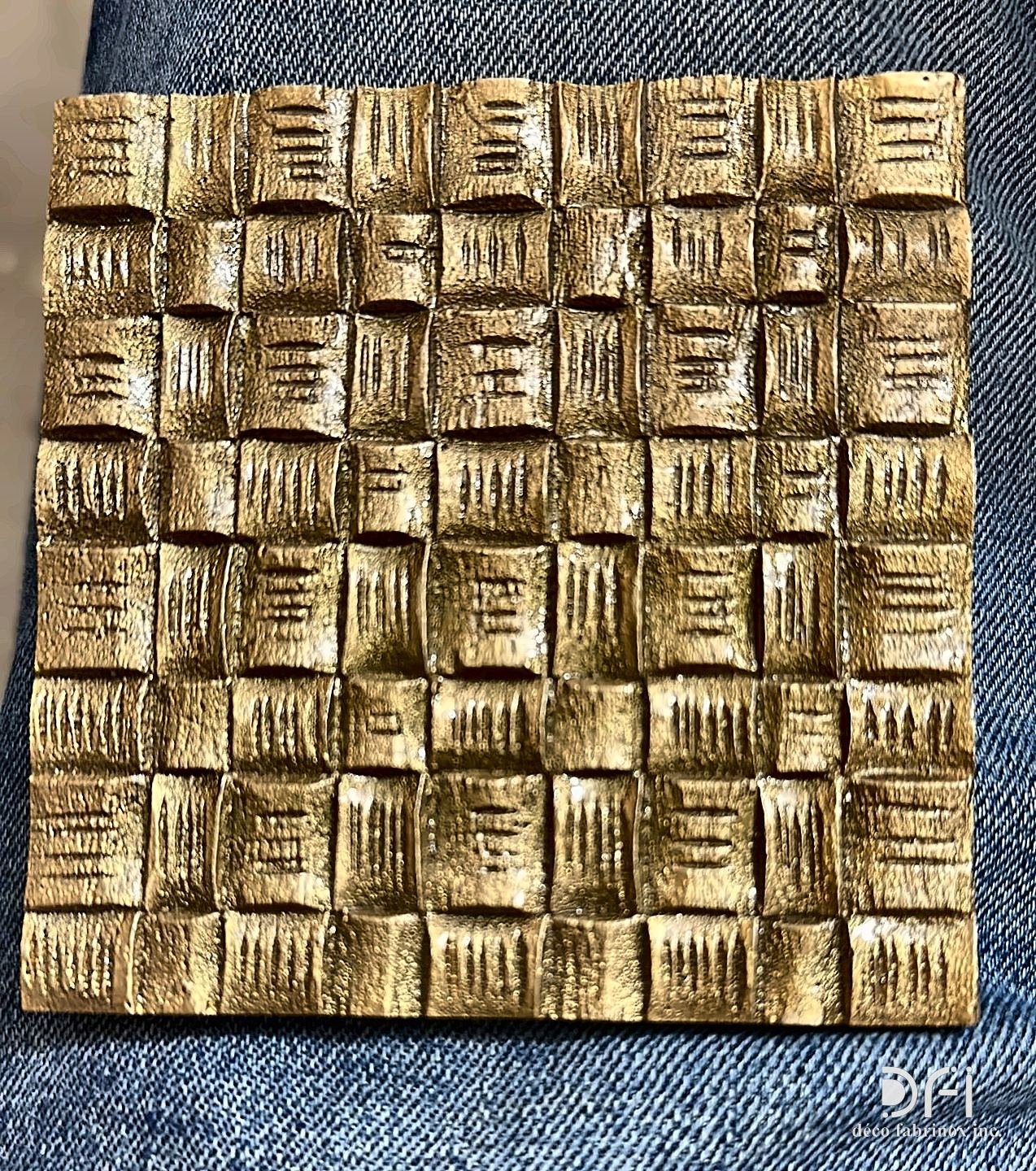 Hand-beaten brass basketweave relief sample